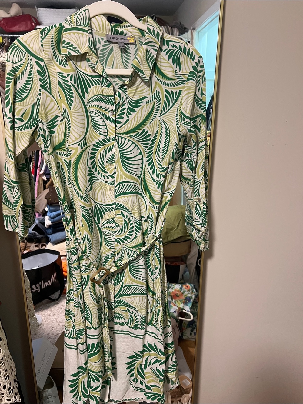 Green Leaf-Print Shirt Dress by
